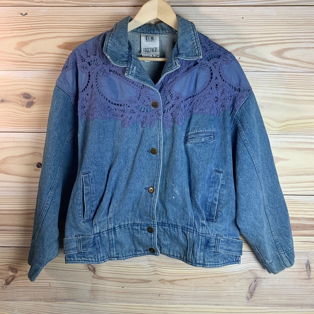 Vtg 90s Together Denim Jacket Missy Large Eyelet‎ Lace Crop Drop Sleeve Slouchy